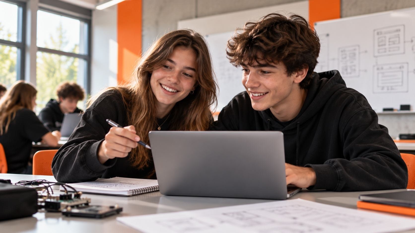Zwei Schüler:innen arbeiten gemeinsam an einem Laptop im Unterricht